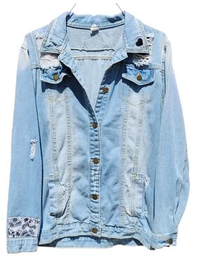 OOAK Custom Reworked Skull & Floral Patch Distressed Denim Jacket SZ Med/Lrg